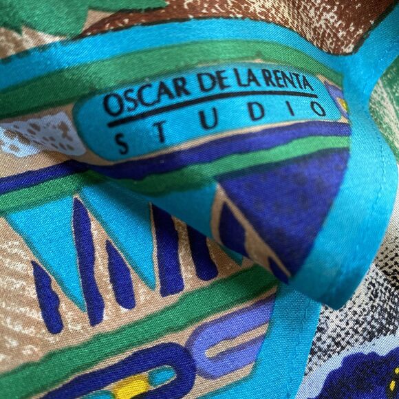 Vintage Oscar De La Renta Silk Scarf Pointy Ends Necktie Jungle Flowers Blue Tan - Picture 3 of 10